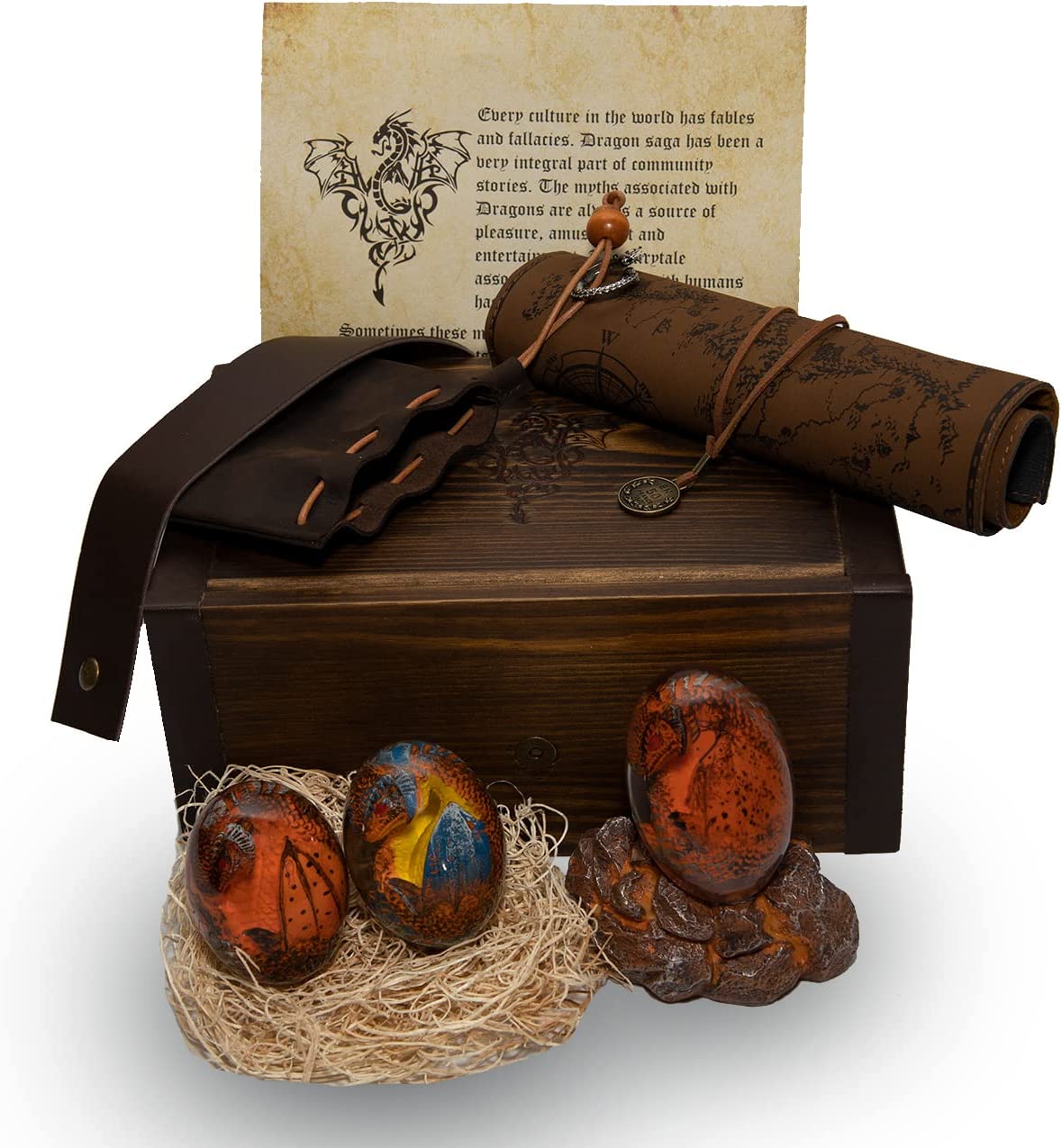Lava Dragon Egg with Stand,Ancient Dragon Map,Dragon Letter and Rustic Leather Pouch in a Vintage Wooden Box - Image 3
