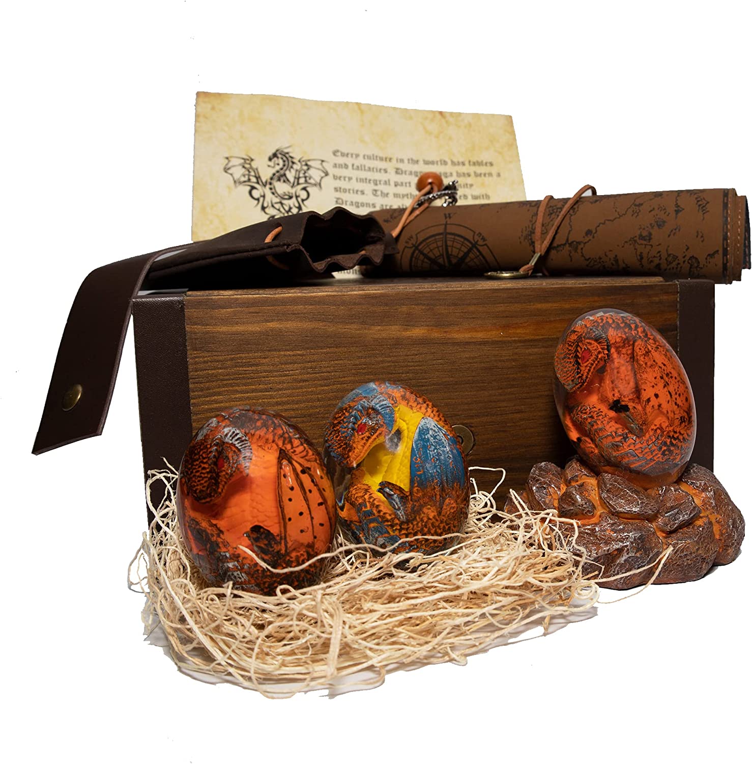 Lava Dragon Egg with Stand,Ancient Dragon Map,Dragon Letter and Rustic Leather Pouch in a Vintage Wooden Box - Image 9