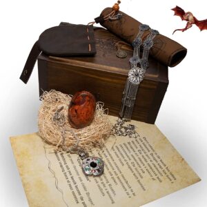 Lava Dragon Egg with Stand,Ancient Dragon Map,Dragon Letter and Rustic Leather Pouch in a Vintage Wooden Box