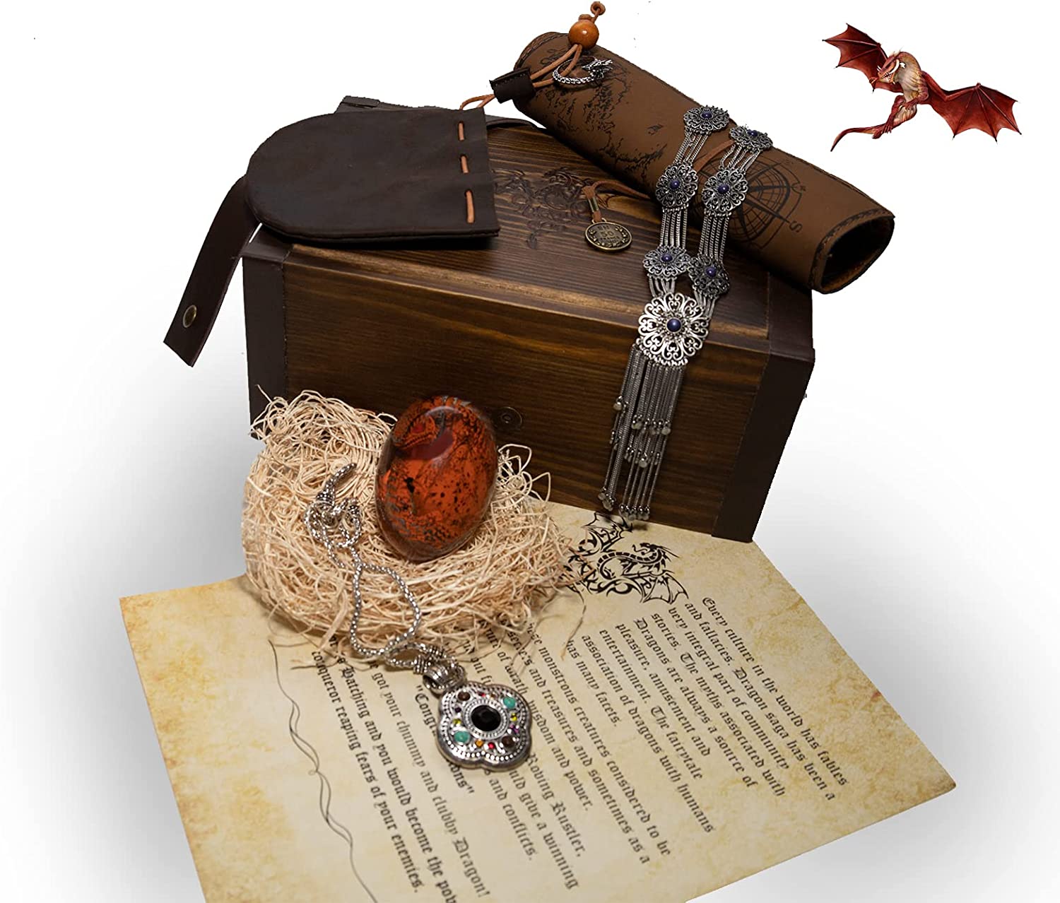 Lava Dragon Egg with Stand,Ancient Dragon Map,Dragon Letter and Rustic Leather Pouch in a Vintage Wooden Box